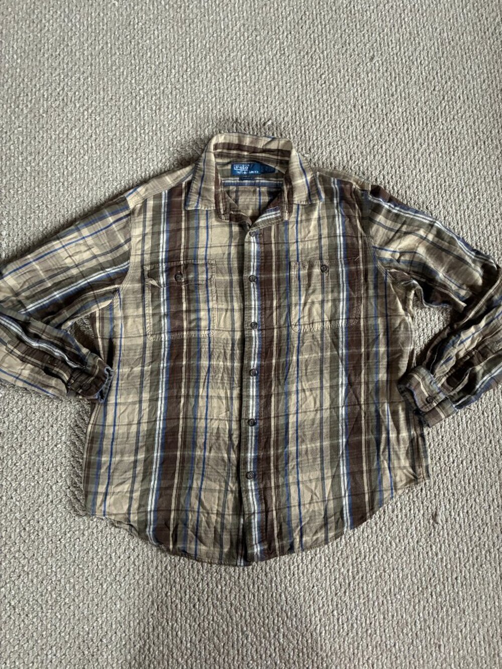 Polo Ralph Lauren Classic Fit Plaid Twill Workshirt Brown Tan Blue XL Super Soft